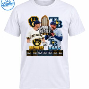 2026 Brewers vs Rays World Series shirt design with two players, championship trophy, team graphics, and seven-game schedule