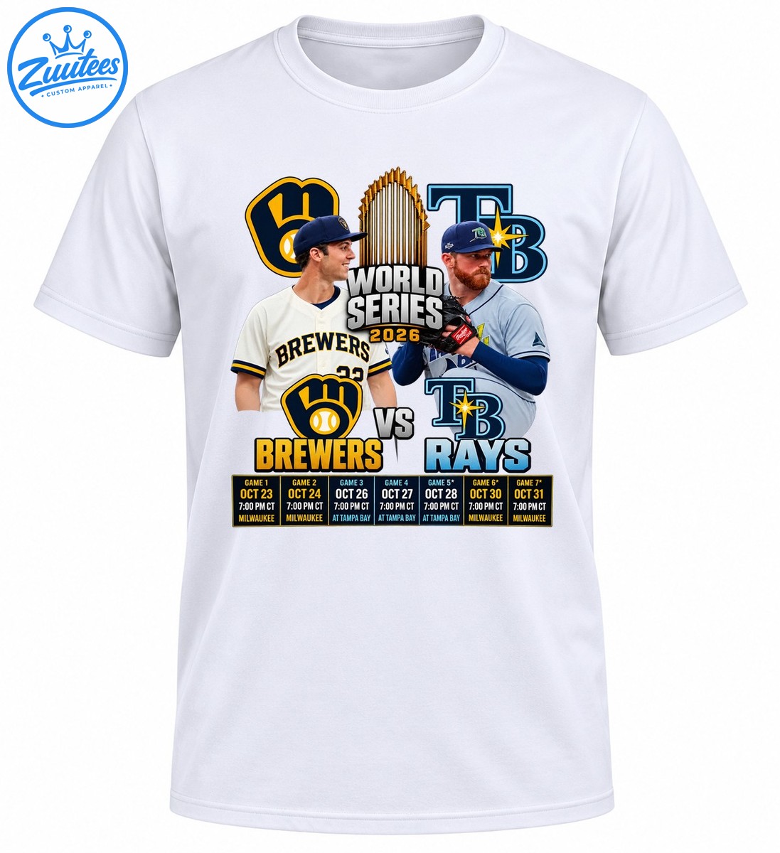 2026 Brewers vs Rays World Series shirt design with two players, championship trophy, team graphics, and seven game schedule 2026 Brewers vs Rays World Series shirt design with two players, championship trophy, team graphics, and seven-game schedule