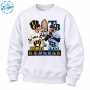 2026 Brewers vs Rays World Series shirt design with two players, championship trophy, team graphics, and seven-game schedule