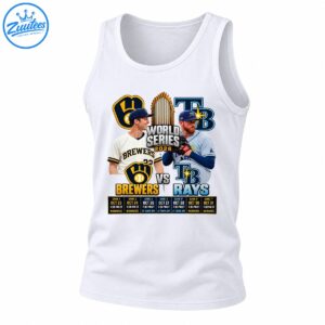 2026 Brewers vs Rays World Series shirt design with two players, championship trophy, team graphics, and seven-game schedule
