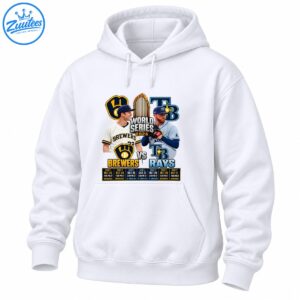 2026 Brewers vs Rays World Series shirt design with two players, championship trophy, team graphics, and seven-game schedule