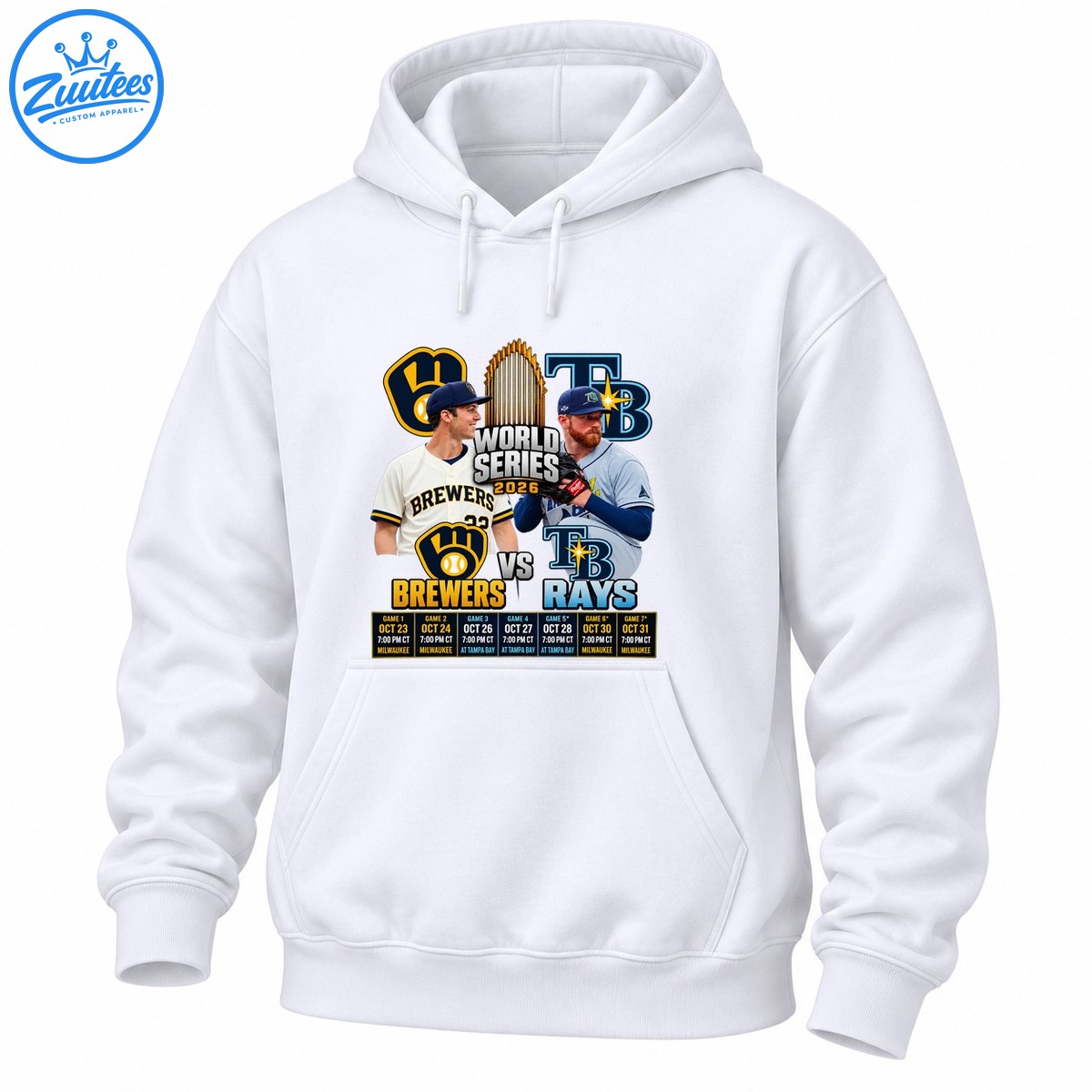 2026 Brewers vs Rays World Series shirt design with two players, championship trophy, team graphics, and seven game schedule 2026 Brewers vs Rays World Series shirt design with two players, championship trophy, team graphics, and seven-game schedule