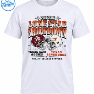 2026 Lone Star Showdown graphic with colliding maroon and cream football helmets, distressed lettering, and Texas team names