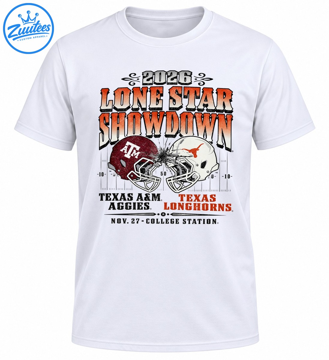 2026 Lone Star Showdown graphic with colliding maroon and cream football helmets, distressed lettering, and Texas team names 2026 Lone Star Showdown graphic with colliding maroon and cream football helmets, distressed lettering, and Texas team names