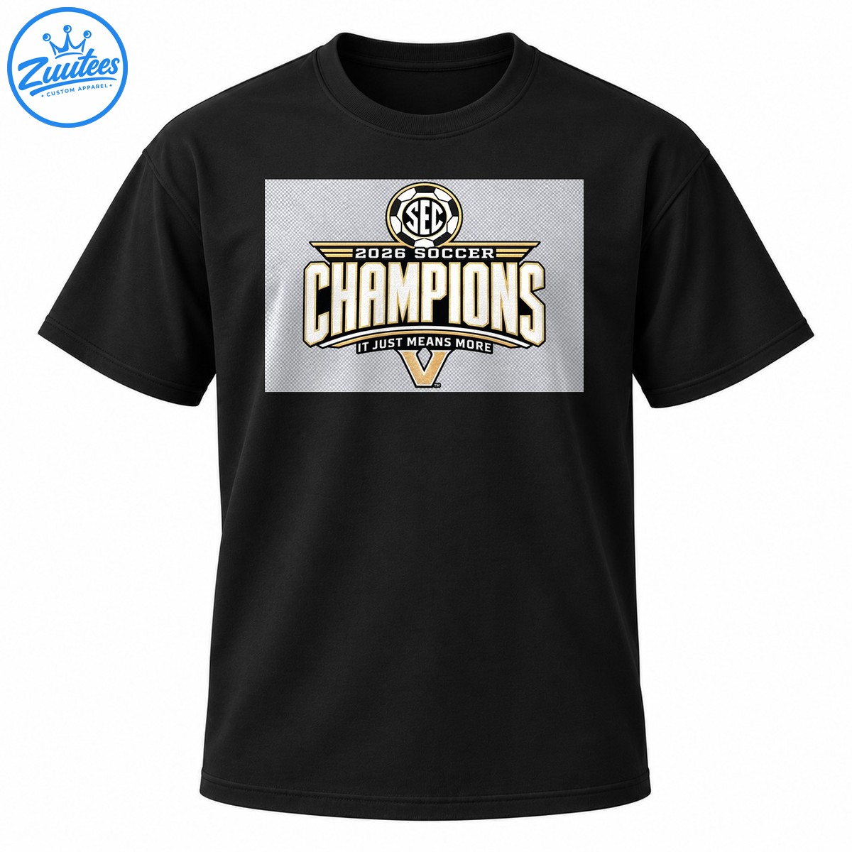 2026 Soccer Champions graphic with SEC soccer ball crest, gold and white lettering, IT JUST MEANS MORE, and gold V 2026 Soccer Champions graphic with SEC soccer ball crest, gold and white lettering, IT JUST MEANS MORE, and gold V