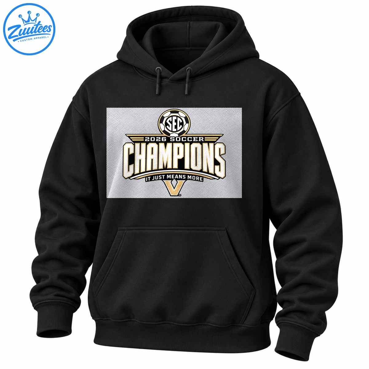 2026 Soccer Champions graphic with SEC soccer ball crest, gold and white lettering, IT JUST MEANS MORE, and gold V 2026 Soccer Champions graphic with SEC soccer ball crest, gold and white lettering, IT JUST MEANS MORE, and gold V