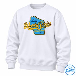 2026 World Series Milwaukee shirt design with a blue Wisconsin silhouette, gold script lettering, and black 414 details