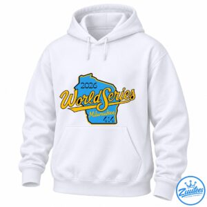 2026 World Series Milwaukee shirt design with a blue Wisconsin silhouette, gold script lettering, and black 414 details