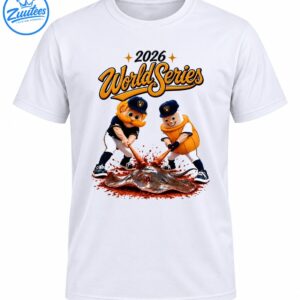 2026 World Series lettering above two cartoon baseball mascots swinging bats at a muddy stingray-like creature