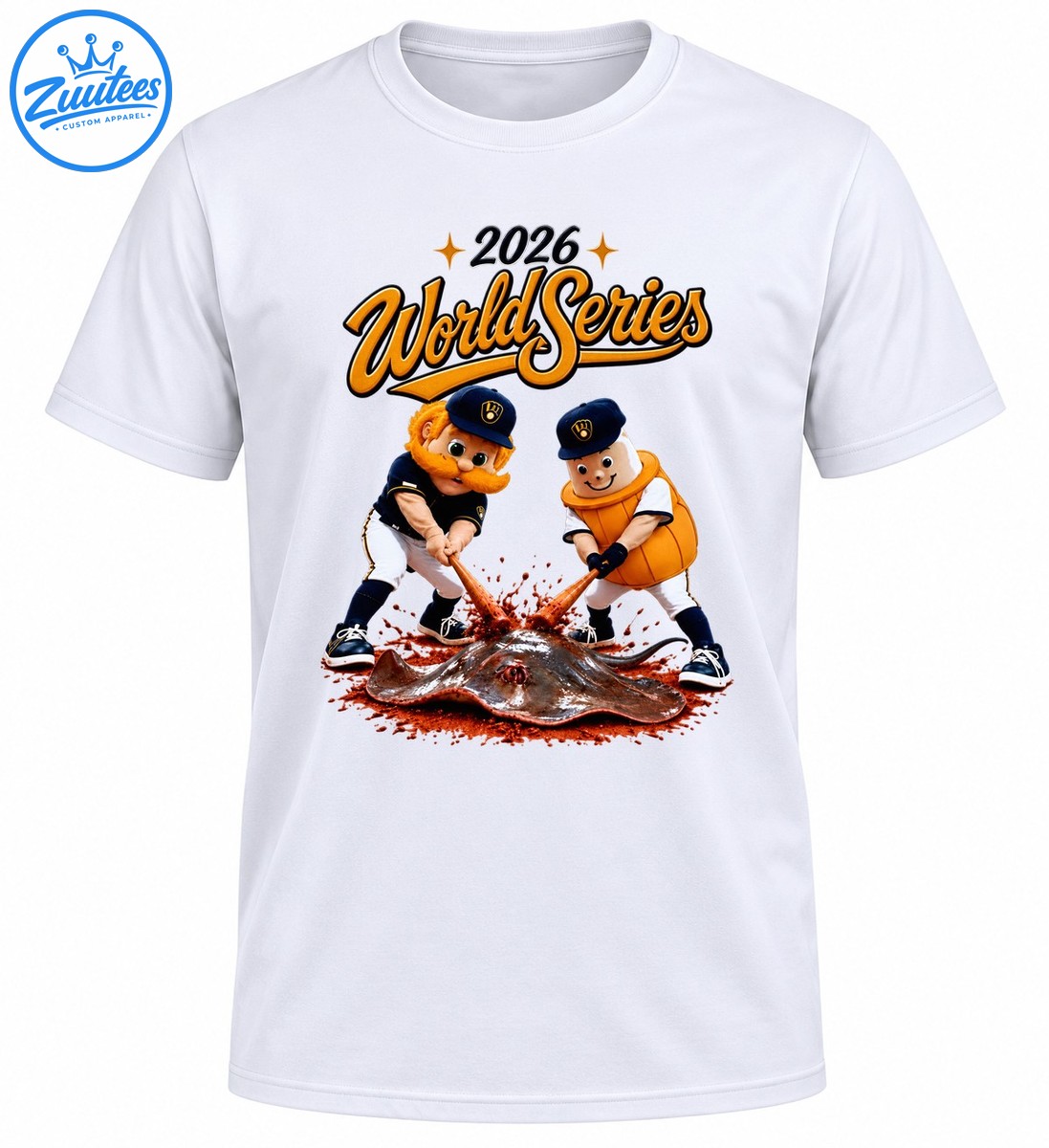 2026 World Series lettering above two cartoon baseball mascots swinging bats at a muddy stingray like creature 2026 World Series lettering above two cartoon baseball mascots swinging bats at a muddy stingray-like creature