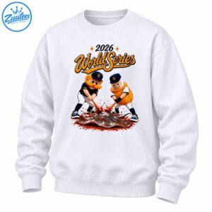 2026 World Series lettering above two cartoon baseball mascots swinging bats at a muddy stingray-like creature