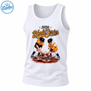 2026 World Series lettering above two cartoon baseball mascots swinging bats at a muddy stingray-like creature