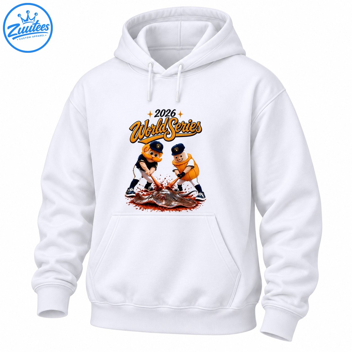 2026 World Series lettering above two cartoon baseball mascots swinging bats at a muddy stingray like creature 2026 World Series lettering above two cartoon baseball mascots swinging bats at a muddy stingray-like creature