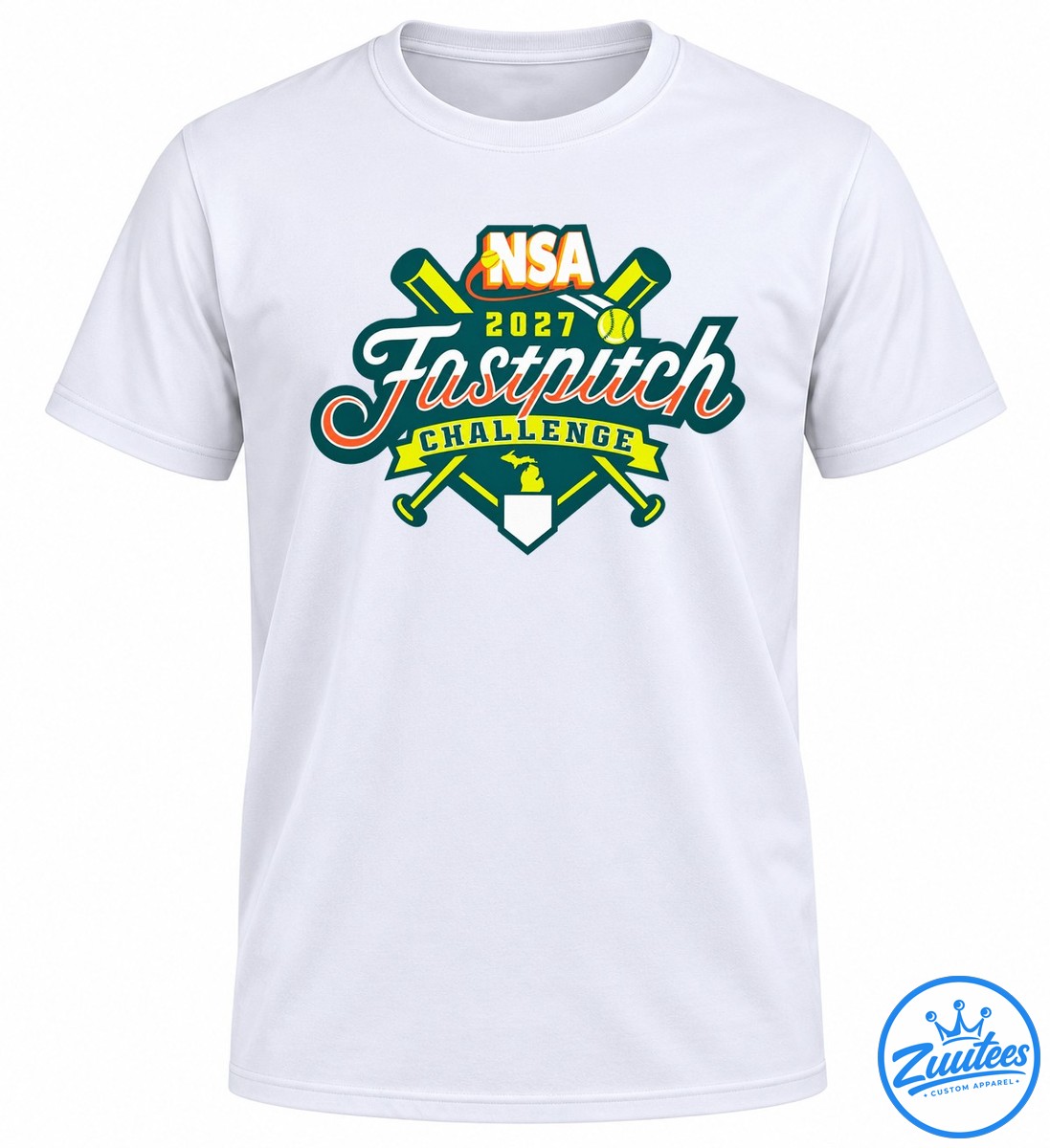 2027 NSA Fastpitch Challenge Michigan design with crossed yellow green bats, softballs, script lettering, and a Michigan silhouette 2027 NSA Fastpitch Challenge Michigan design with crossed yellow-green bats, softballs, script lettering, and a Michigan silhouette