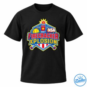 2027 Firecracker Xplosion softball tournament shirt design with a yellow softball, fireworks, red firecracker, crossed bats, and bold red and yellow lettering on blue.