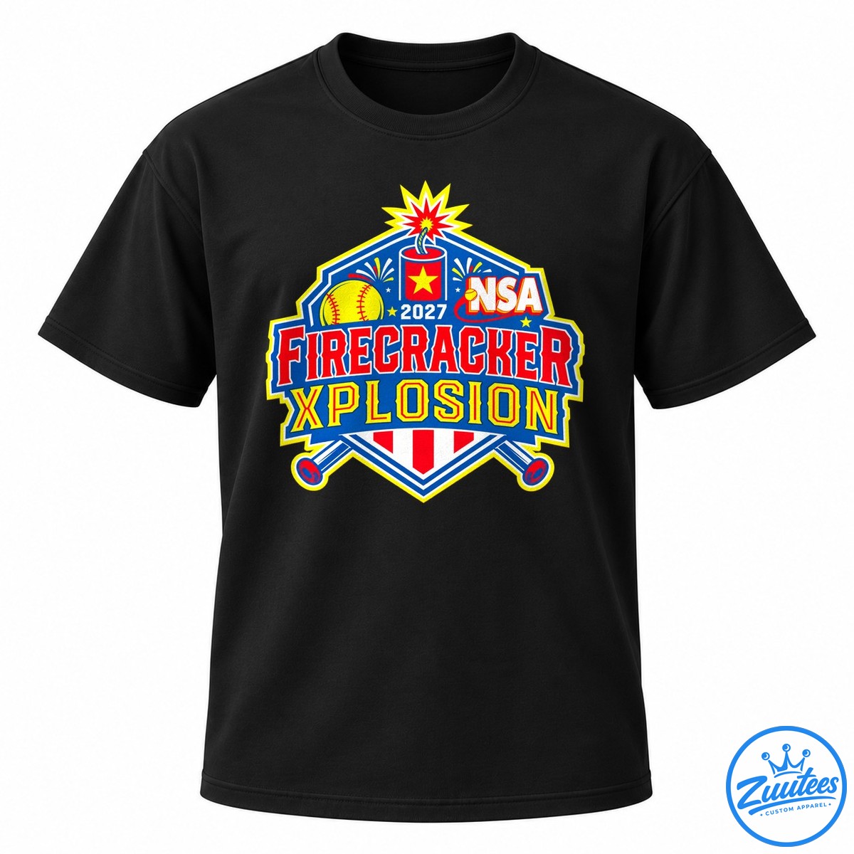 2027 Firecracker Xplosion softball tournament shirt design with a yellow softball, fireworks, red firecracker, crossed bats, and bold red and yellow lettering on blue. 2027 Firecracker Xplosion softball tournament shirt design with a yellow softball, fireworks, red firecracker, crossed bats, and bold red and yellow lettering on blue.