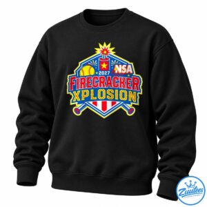 2027 Firecracker Xplosion softball tournament shirt design with a yellow softball, fireworks, red firecracker, crossed bats, and bold red and yellow lettering on blue.