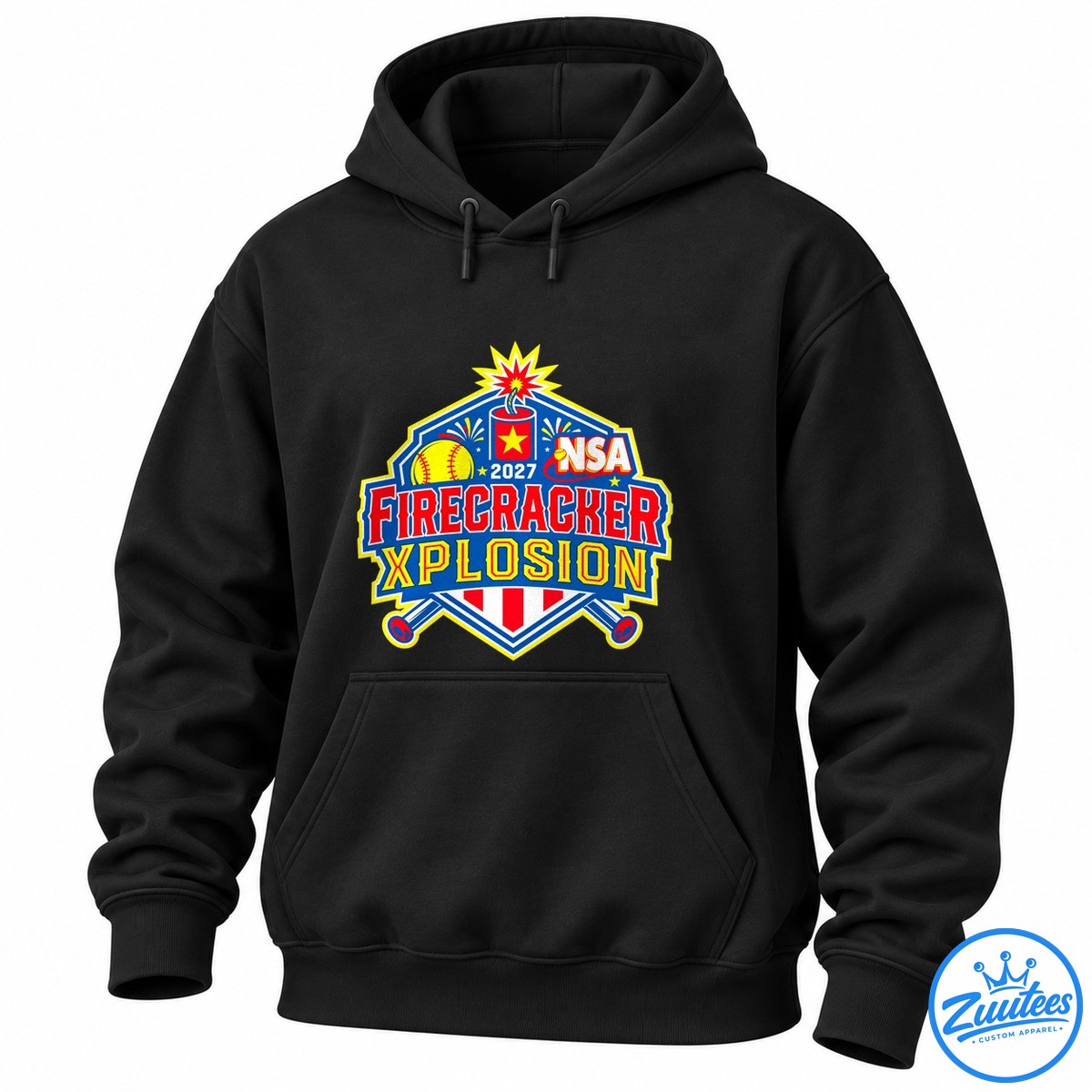 2027 Firecracker Xplosion softball tournament shirt design with a yellow softball, fireworks, red firecracker, crossed bats, and bold red and yellow lettering on blue. 2027 Firecracker Xplosion softball tournament shirt design with a yellow softball, fireworks, red firecracker, crossed bats, and bold red and yellow lettering on blue.