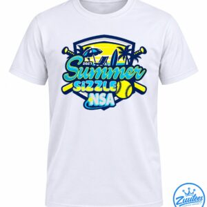 2027 Summer Sizzle NSA softball design with a yellow sunset, palm trees, crossed bats, surfboard, and softball