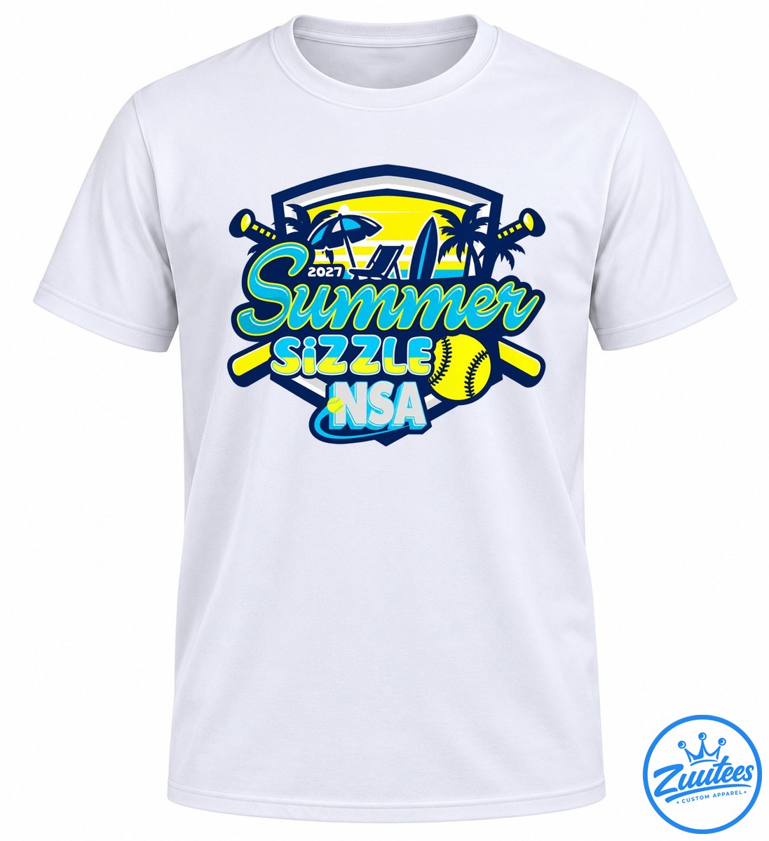 2027 Summer Sizzle NSA softball design with a yellow sunset, palm trees, crossed bats, surfboard, and softball 2027 Summer Sizzle NSA softball design with a yellow sunset, palm trees, crossed bats, surfboard, and softball