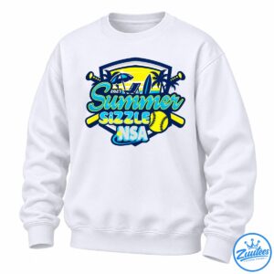 2027 Summer Sizzle NSA softball design with a yellow sunset, palm trees, crossed bats, surfboard, and softball