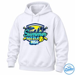 2027 Summer Sizzle NSA softball design with a yellow sunset, palm trees, crossed bats, surfboard, and softball