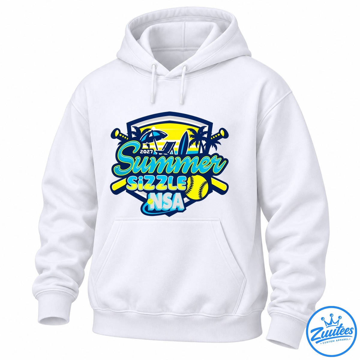 2027 Summer Sizzle NSA softball design with a yellow sunset, palm trees, crossed bats, surfboard, and softball 2027 Summer Sizzle NSA softball design with a yellow sunset, palm trees, crossed bats, surfboard, and softball