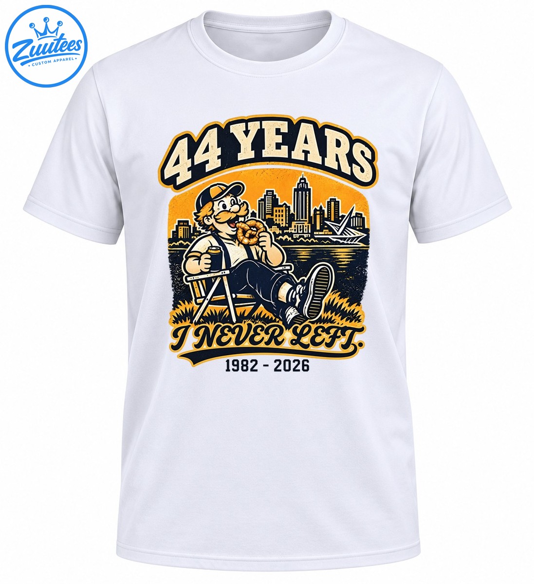 44 Years I Never Left 1982 2026 vintage shirt design with a mustached man relaxing by a city waterfront 44 Years I Never Left 1982-2026 vintage shirt design with a mustached man relaxing by a city waterfront