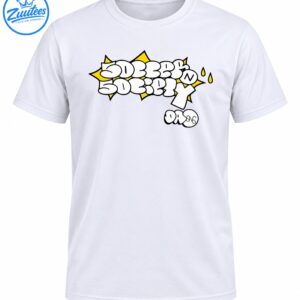 Graffiti street art design with white bubble lettering, black outlines, yellow starbursts, and droplets