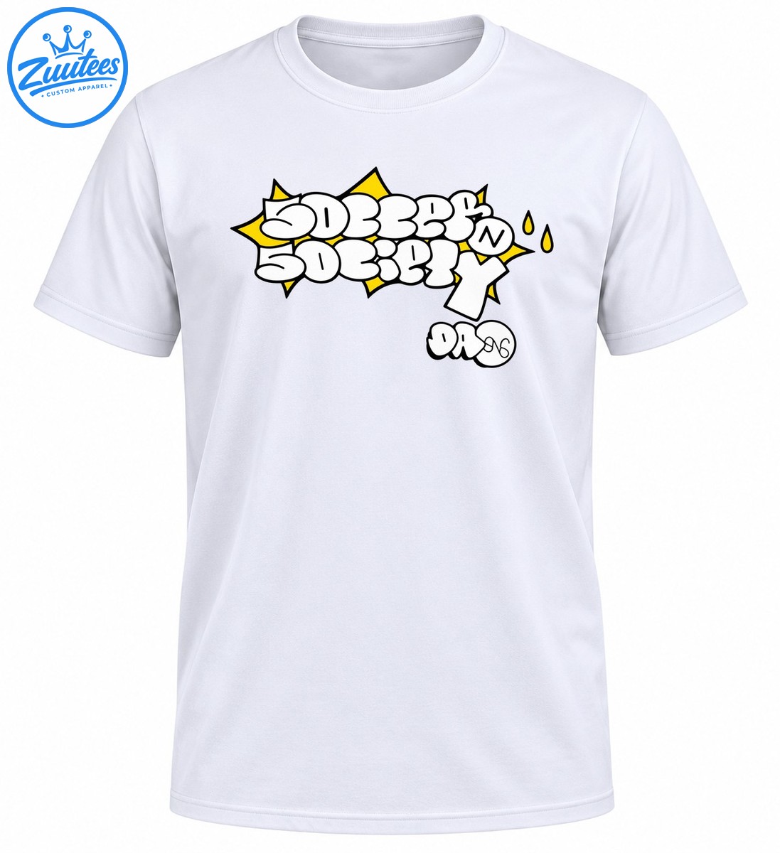 Graffiti street art design with white bubble lettering, black outlines, yellow starbursts, and droplets Graffiti street art design with white bubble lettering, black outlines, yellow starbursts, and droplets