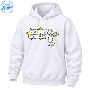 Graffiti street art design with white bubble lettering, black outlines, yellow starbursts, and droplets