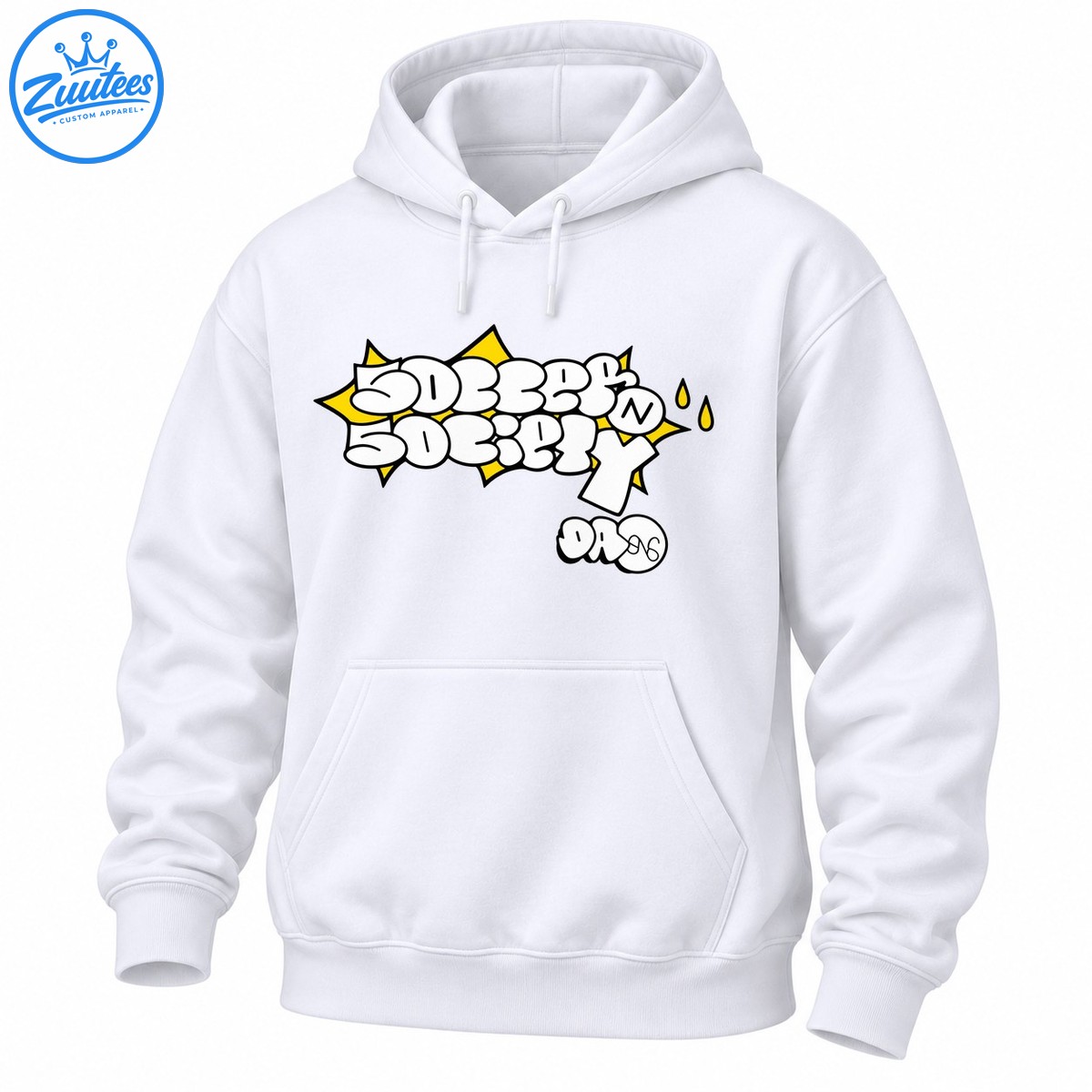 Graffiti street art design with white bubble lettering, black outlines, yellow starbursts, and droplets Graffiti street art design with white bubble lettering, black outlines, yellow starbursts, and droplets