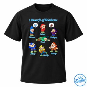 Seven colorful cartoon dwarfs labeled Thirsty, Feisty, Hungry, Tired, Dizzy, Giddy, and Shaky under the title 7 Dwarfs of Diabetes.
