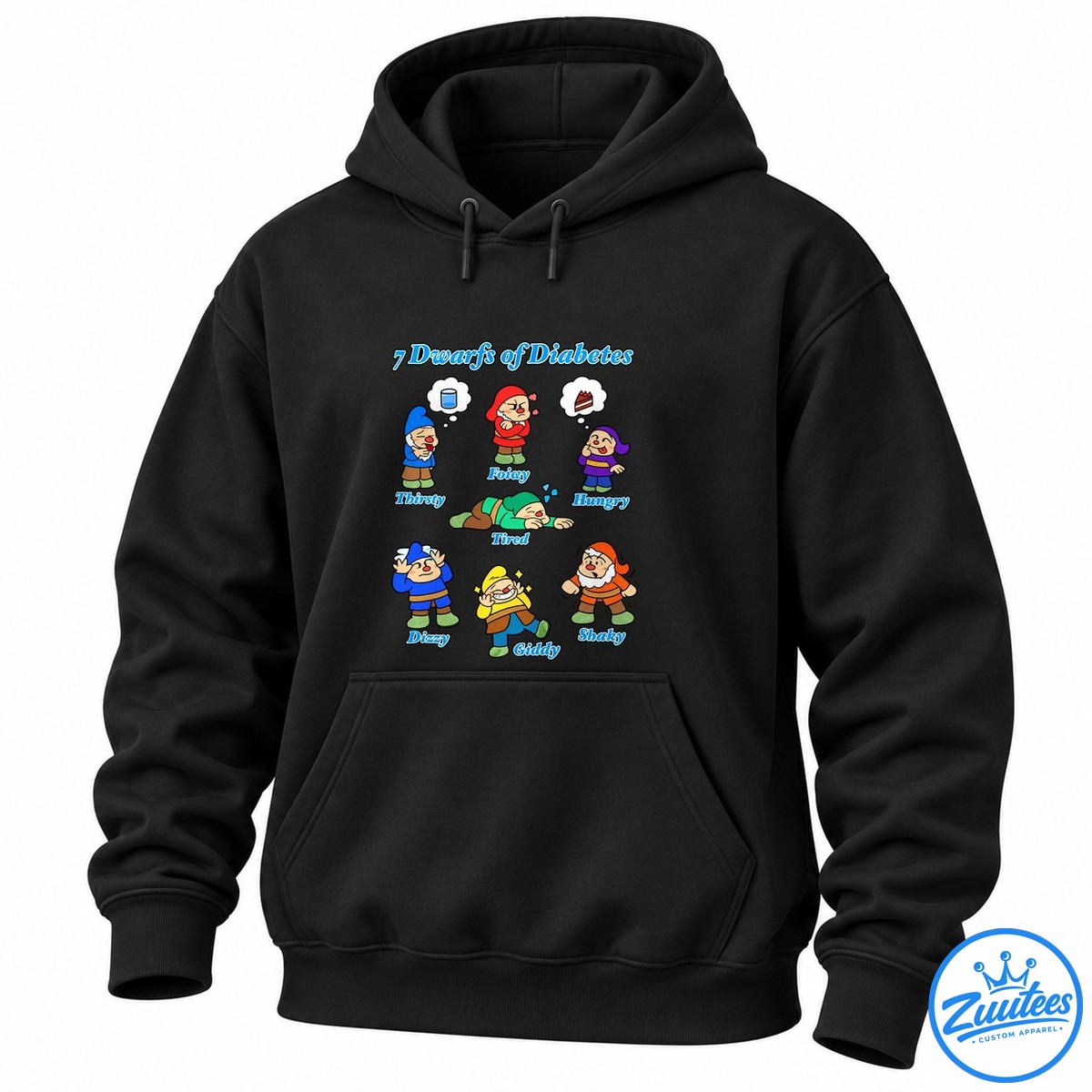 7 Dwarfs Of Diabetes Thirsty Feisty Hungry Tired Dizzy Giddy And Shaky Shirt Seven colorful cartoon dwarfs labeled Thirsty, Feisty, Hungry, Tired, Dizzy, Giddy, and Shaky under the title 7 Dwarfs of Diabetes.
