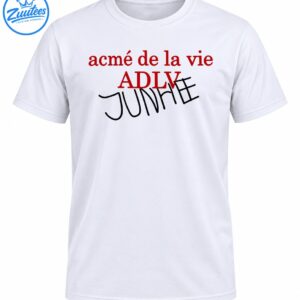 Red acmé de la vie and ADLV lettering with overlapping black handwritten JUNHE text
