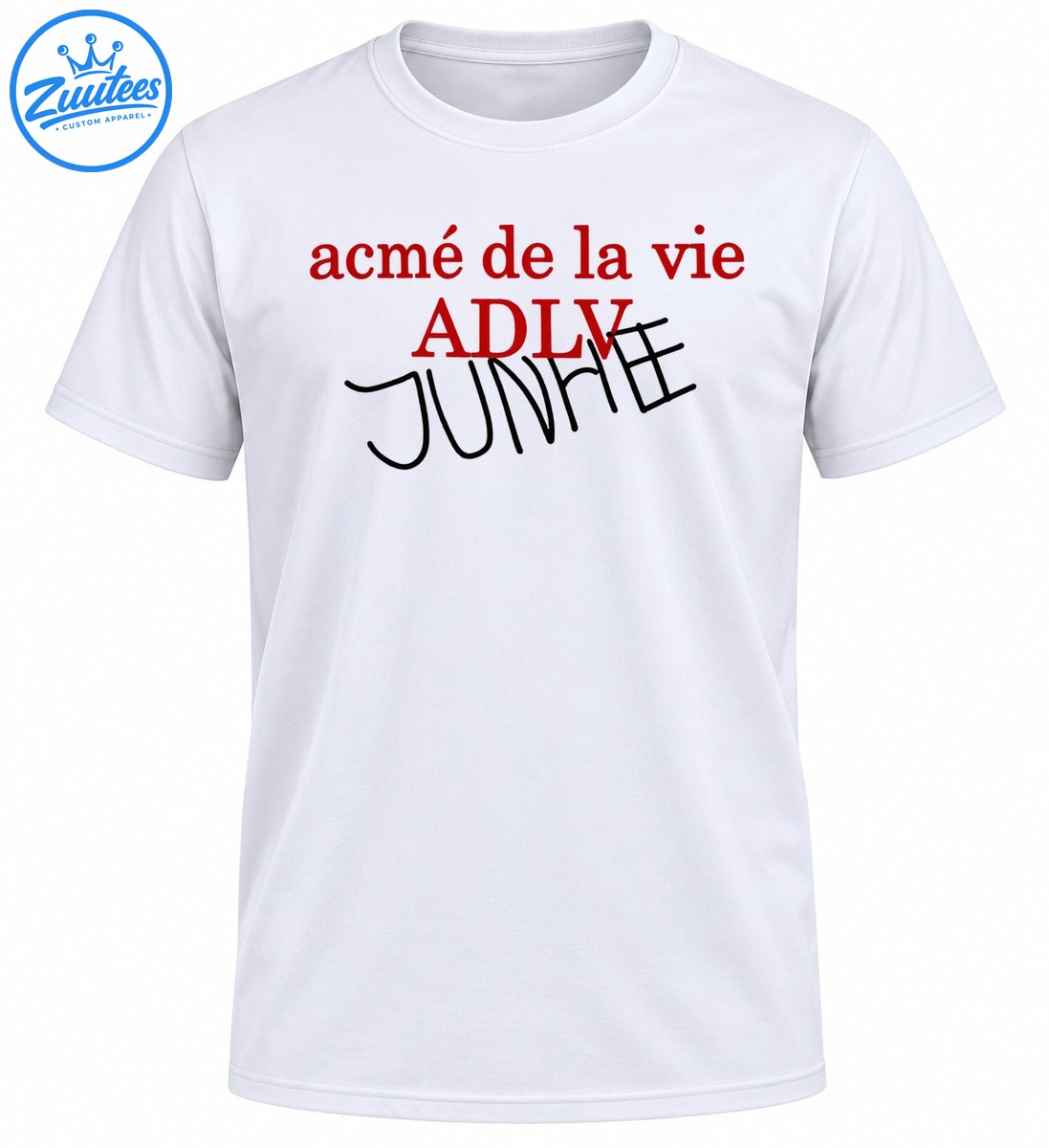 Red acmé de la vie and ADLV lettering with overlapping black handwritten JUNHE text Red acmé de la vie and ADLV lettering with overlapping black handwritten JUNHE text