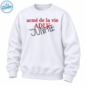 Red acmé de la vie and ADLV lettering with overlapping black handwritten JUNHE text