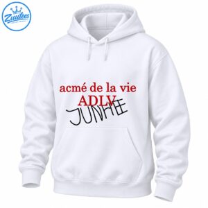 Red acmé de la vie and ADLV lettering with overlapping black handwritten JUNHE text