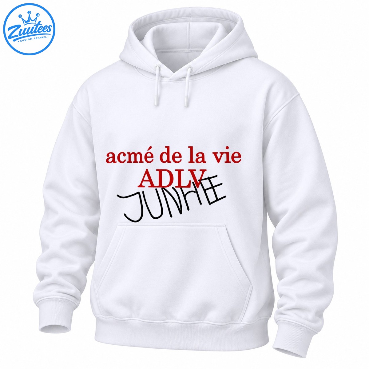 Red acmé de la vie and ADLV lettering with overlapping black handwritten JUNHE text Red acmé de la vie and ADLV lettering with overlapping black handwritten JUNHE text