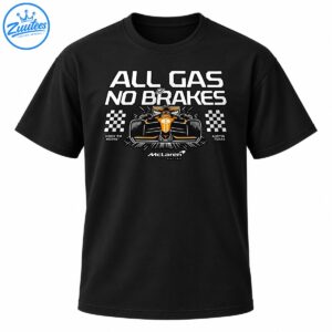 All Gas No Brakes racing shirt graphic with an orange race car, checkered flags, vintage lettering, and Texas text