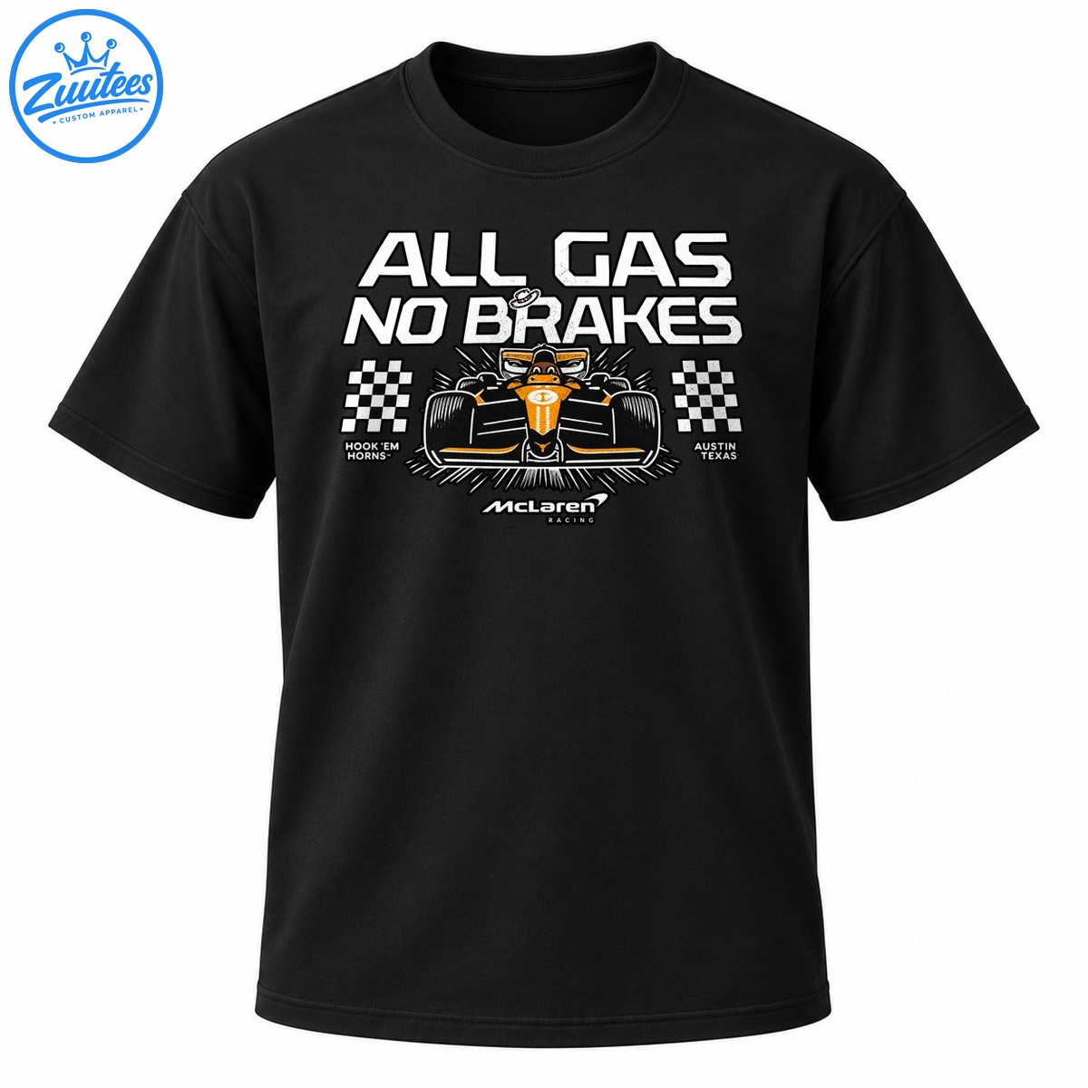 All Gas No Brakes racing shirt graphic with an orange race car, checkered flags, vintage lettering, and Texas text All Gas No Brakes racing shirt graphic with an orange race car, checkered flags, vintage lettering, and Texas text