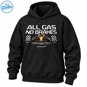 All Gas No Brakes racing shirt graphic with an orange race car, checkered flags, vintage lettering, and Texas text