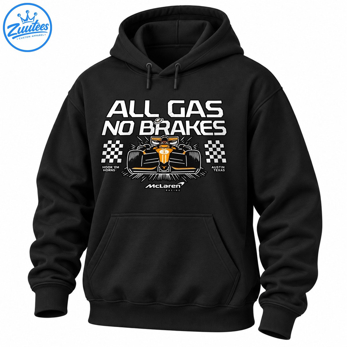 All Gas No Brakes racing shirt graphic with an orange race car, checkered flags, vintage lettering, and Texas text All Gas No Brakes racing shirt graphic with an orange race car, checkered flags, vintage lettering, and Texas text