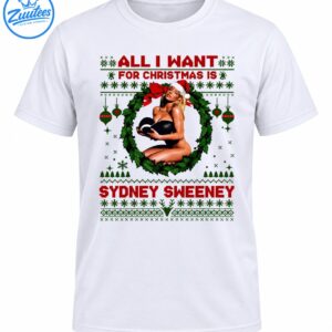 Christmas shirt design with Sydney Sweeney text, a blonde woman in a Santa hat, green holly wreath, red bow, and festive sweater patterns