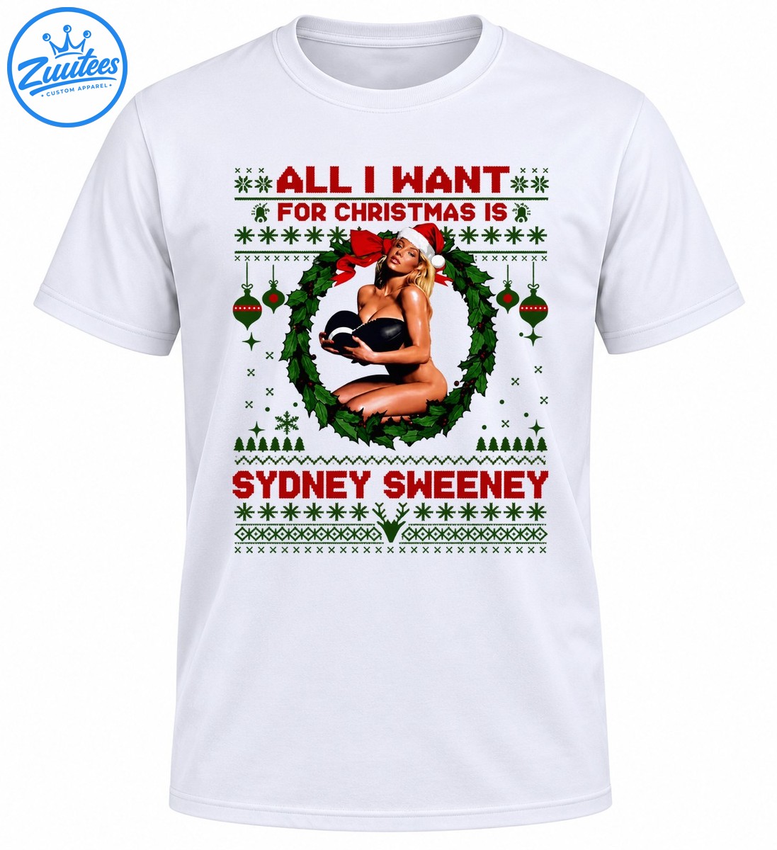 Christmas shirt design with Sydney Sweeney text, a blonde woman in a Santa hat, green holly wreath, red bow, and festive sweater patterns Christmas shirt design with Sydney Sweeney text, a blonde woman in a Santa hat, green holly wreath, red bow, and festive sweater patterns
