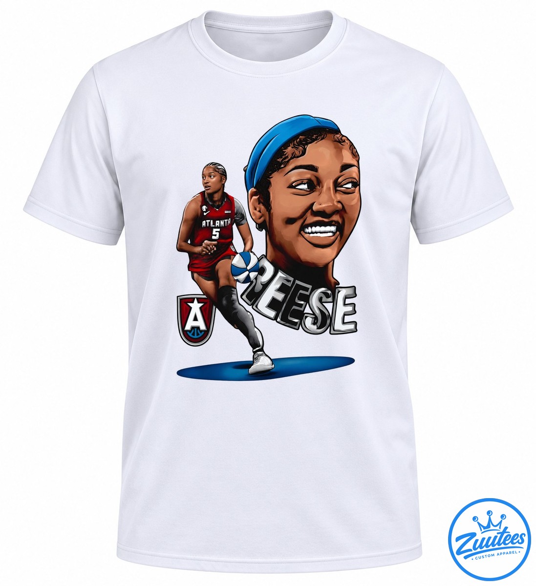 Illustrated basketball graphic with a smiling portrait, blue headband, red ATLANTA number 5 jersey, basketball, and silver REESE lettering Illustrated basketball graphic with a smiling portrait, blue headband, red ATLANTA number 5 jersey, basketball, and silver REESE lettering