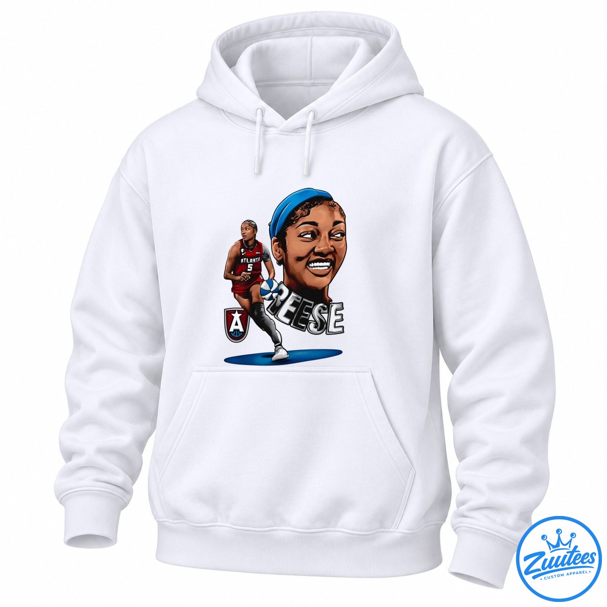 Illustrated basketball graphic with a smiling portrait, blue headband, red ATLANTA number 5 jersey, basketball, and silver REESE lettering Illustrated basketball graphic with a smiling portrait, blue headband, red ATLANTA number 5 jersey, basketball, and silver REESE lettering