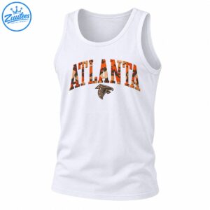 ATLANTA varsity camo lettering in orange, tan and black with distressed vintage-style falcon emblem below