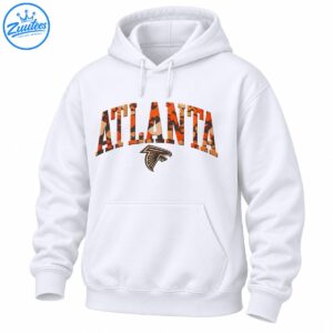 ATLANTA varsity camo lettering in orange, tan and black with distressed vintage-style falcon emblem below
