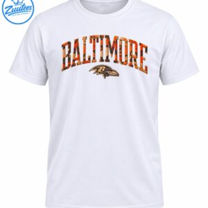 Baltimore fall camo shirt design with arched orange black BALTIMORE lettering and distressed raven head B emblem
